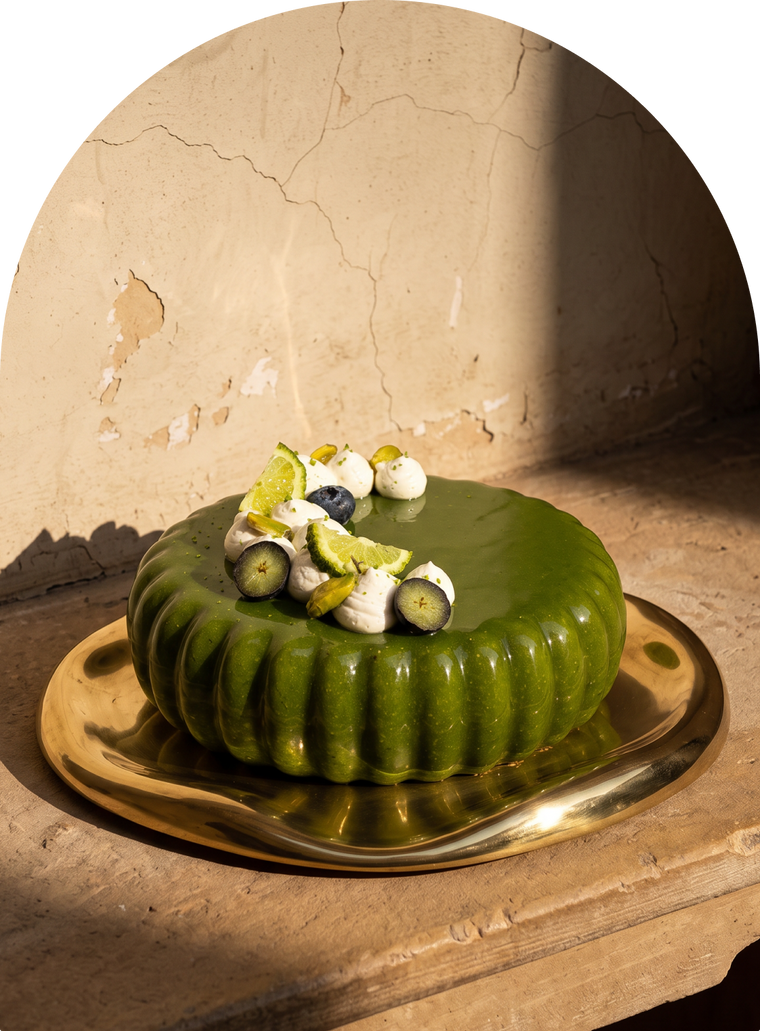 Kaffir Lime, Pista and Blueberry vegan entremet by Mitti & Mousse