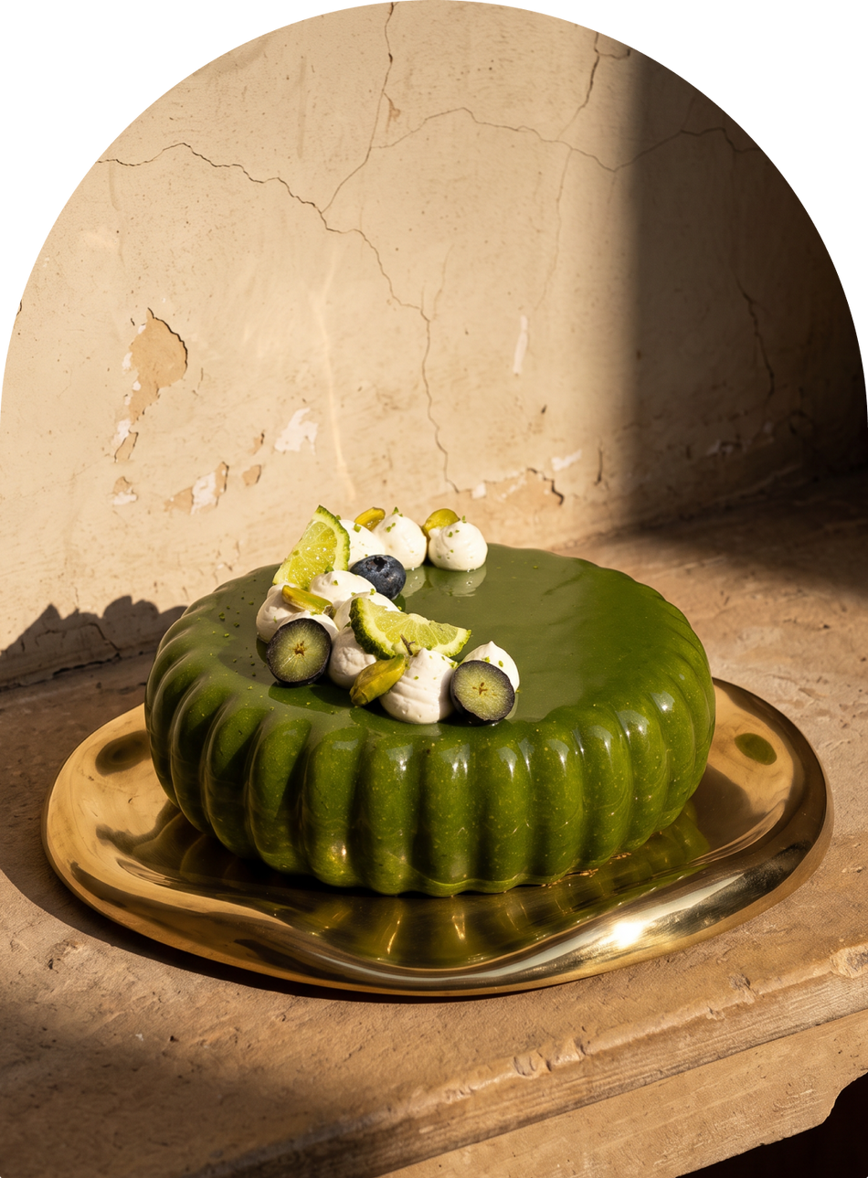 Kaffir Lime, Pista and Blueberry vegan entremet by Mitti & Mousse
