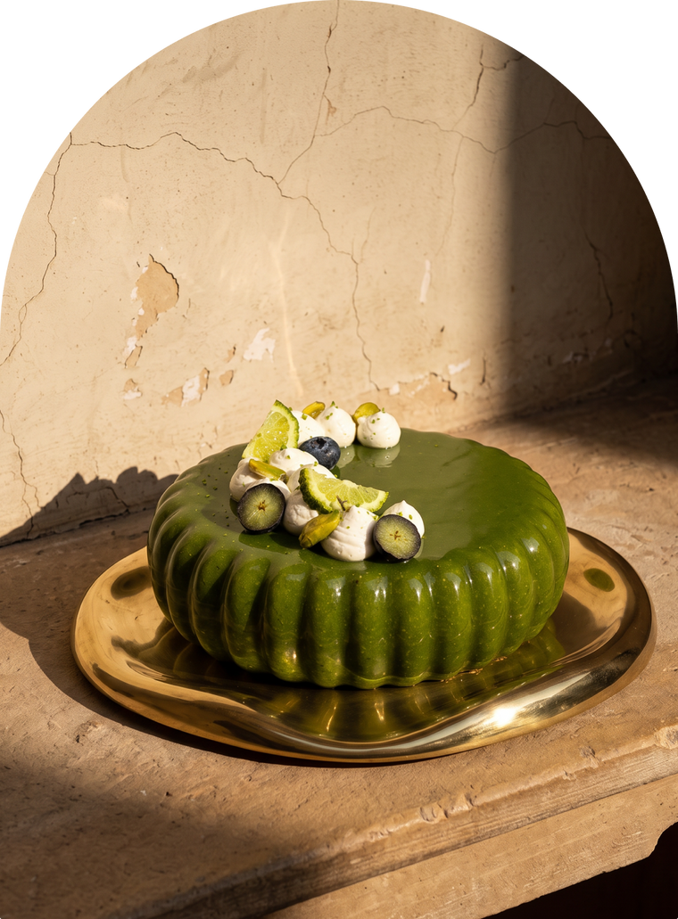 Kaffir Lime, Pista and Blueberry mini entremet by Mitti & Mousse