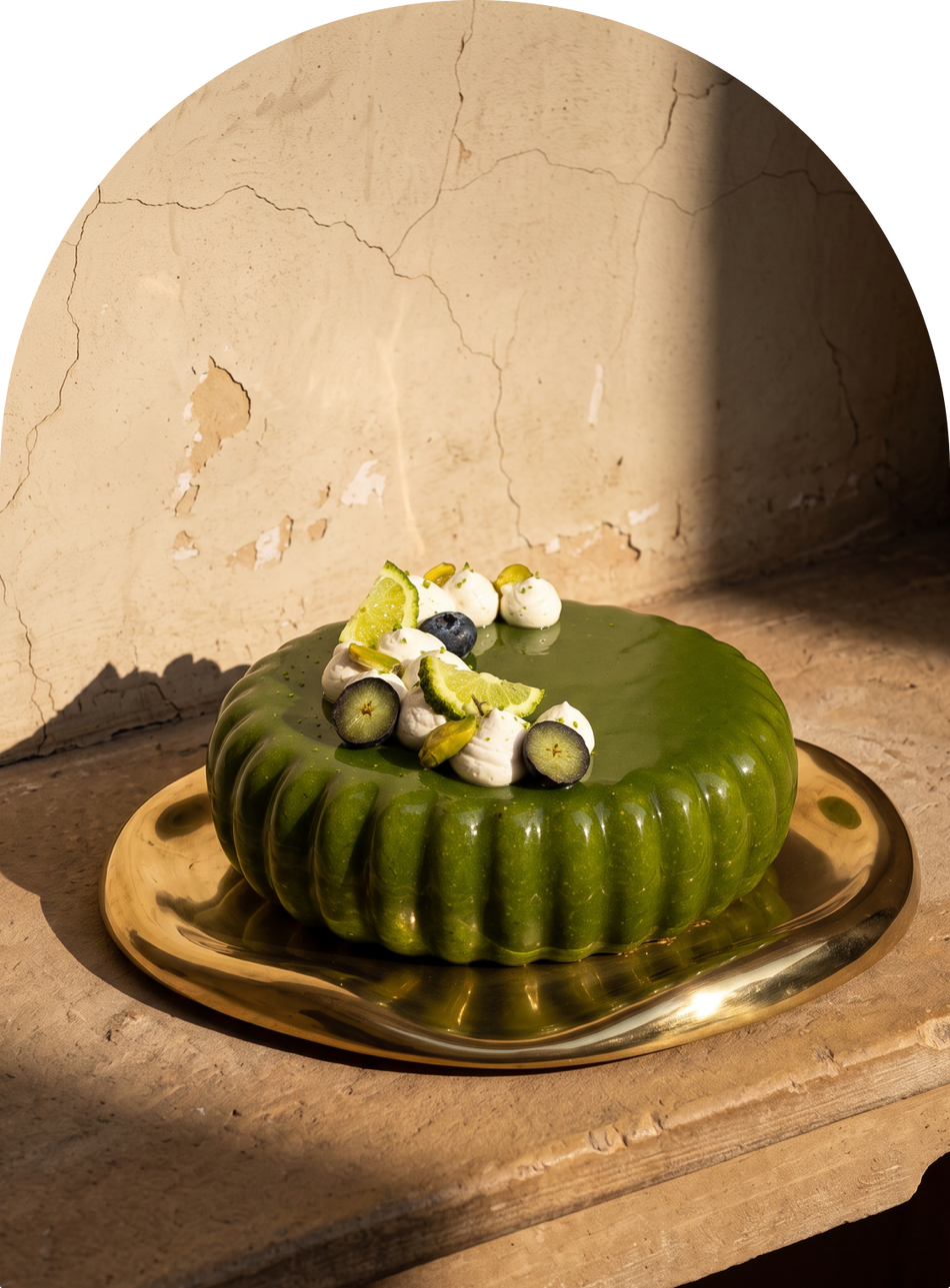 Kaffir Lime, Pista and Blueberry mini entremet by Mitti & Mousse